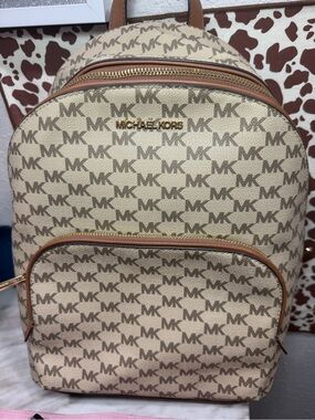 Michael Kors Beige MK Monogram Backpack with Tan Trim